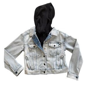 Athleta Double Time Denim Jacket Layered Hooded Black Vest Small Detachable